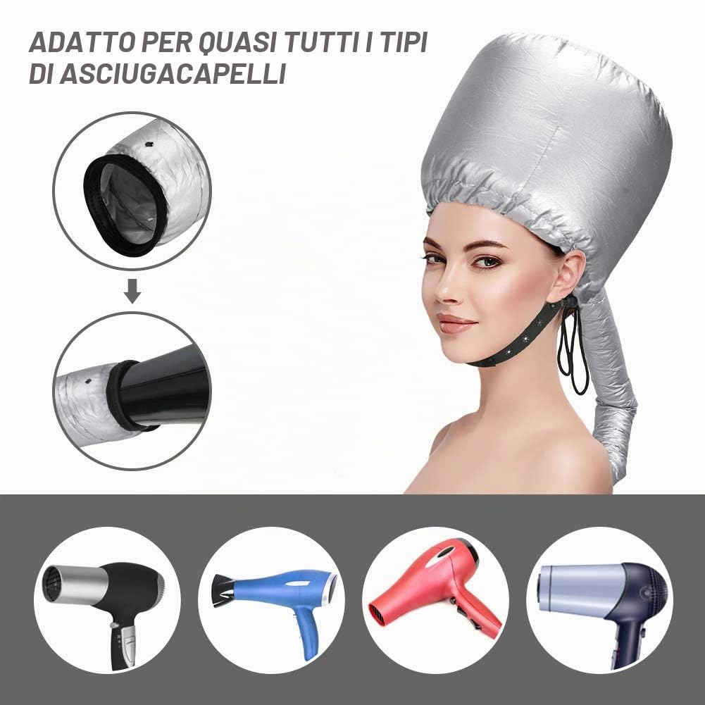 Casco per asciugatura cuffia asciugacapelli, Welltop cuffia termica per capelliper capelli regolabile a mano libera Utilizzato per asciugatura, acconciatura, arricciatura (Argento)