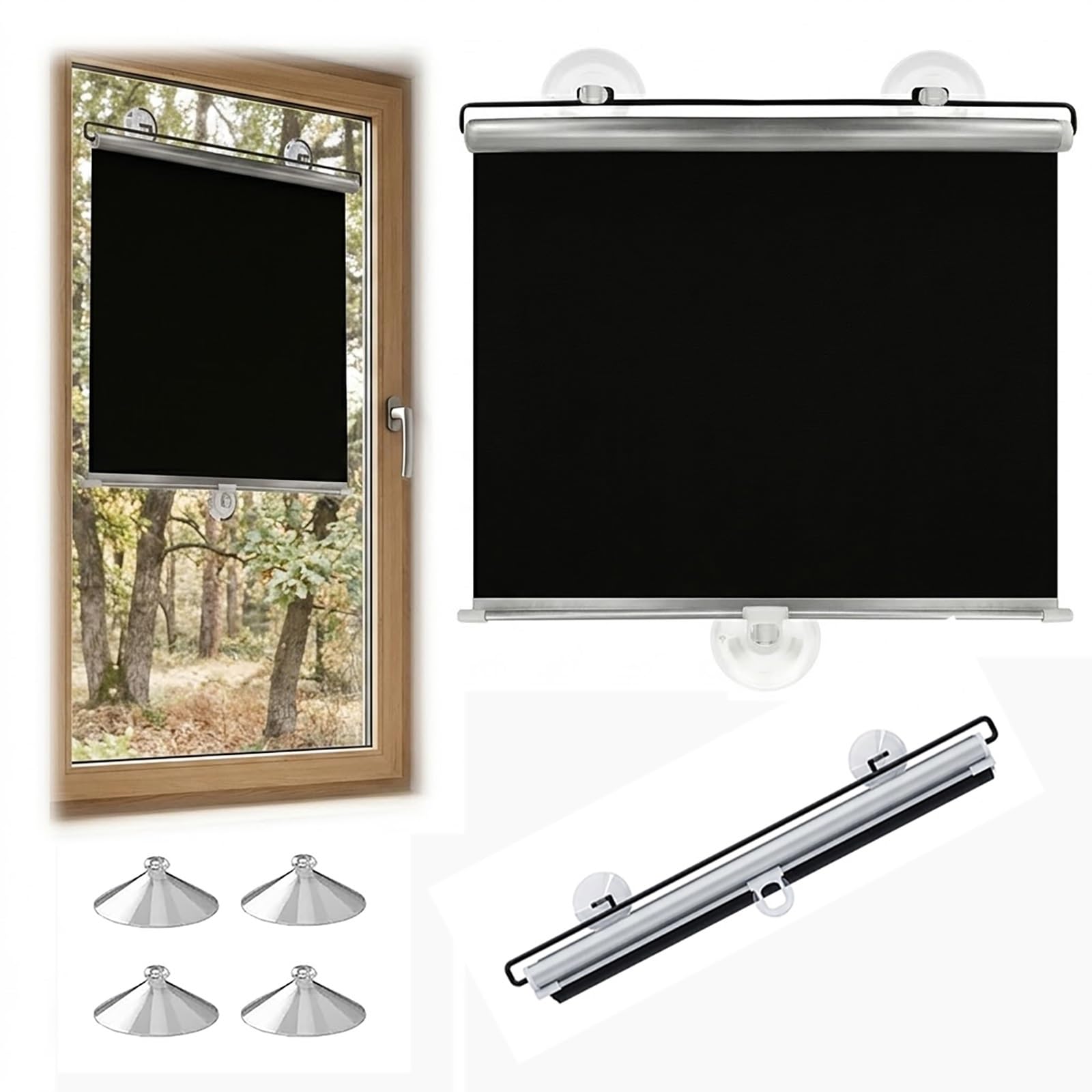 Estor Enrollable Opaco Sin Taladrar, Persiana Enrollable con Ventosa, Cortinas Blackout Protección UV, Estores Temporales Portátiles, para Ventanas Cocina Oficina y Coche(75 A x 80 H cm)