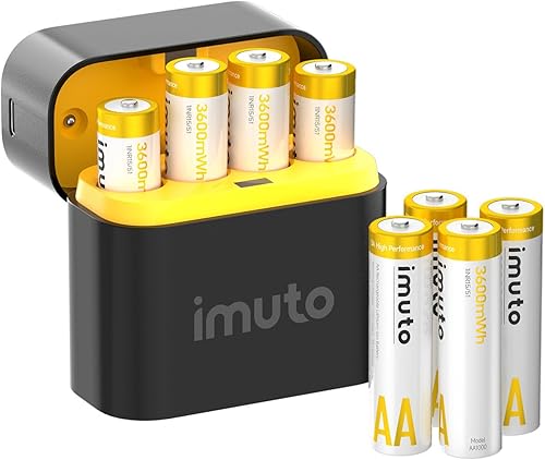 imuto Baterías recargables AA con cargador, baterías de litio AA de 3600 mWh, paquete de 8, cargador de batería de litio AA de 4 ranuras, salida de
