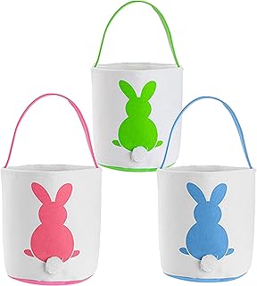3 Pack Easter Bunny Basket Egg Bags for Kids,Easter Burlap Tote Egg Bags Gift Baskets,Easter Egg Hunt Basket with Handle,Canvas Fluffy Tails Rabbit Bags Buckets for Kids Easter Party Decoration
