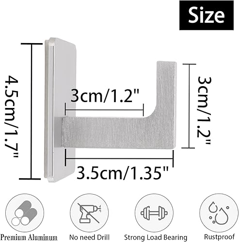 Miniatura 4 de Vanloory Ganchos para toallas de baño, paquete de 6 ganchos cuadrados autoadhesivos para abrigos, gancho resistente para bata sin perforaciones,