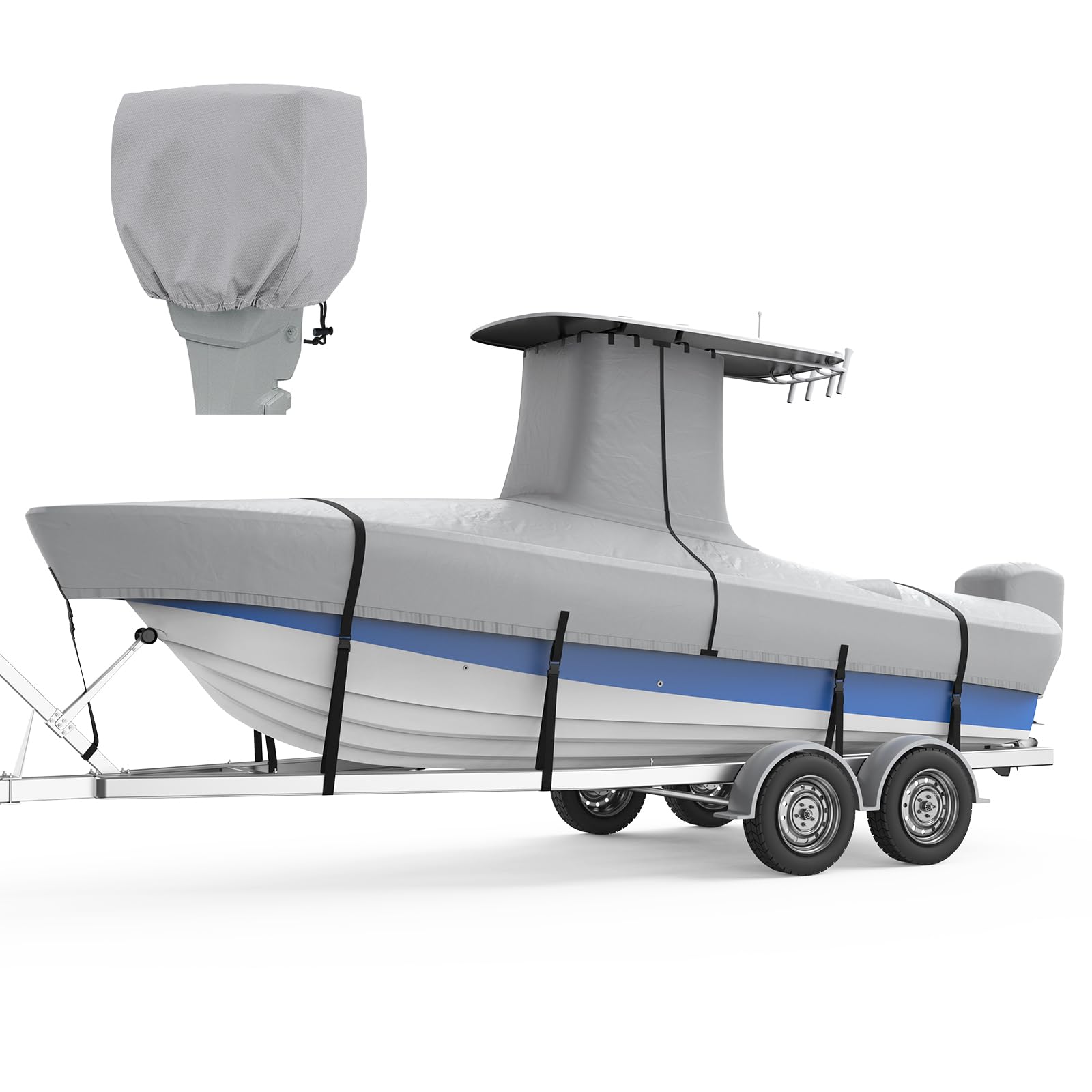rvmasking upgraded 1200d t-top boat cover 100% waterproof heavy duty tear-resistant polyester with motor cover for center console boat with t top roof, 20'-22' long beam width up to 106", gray