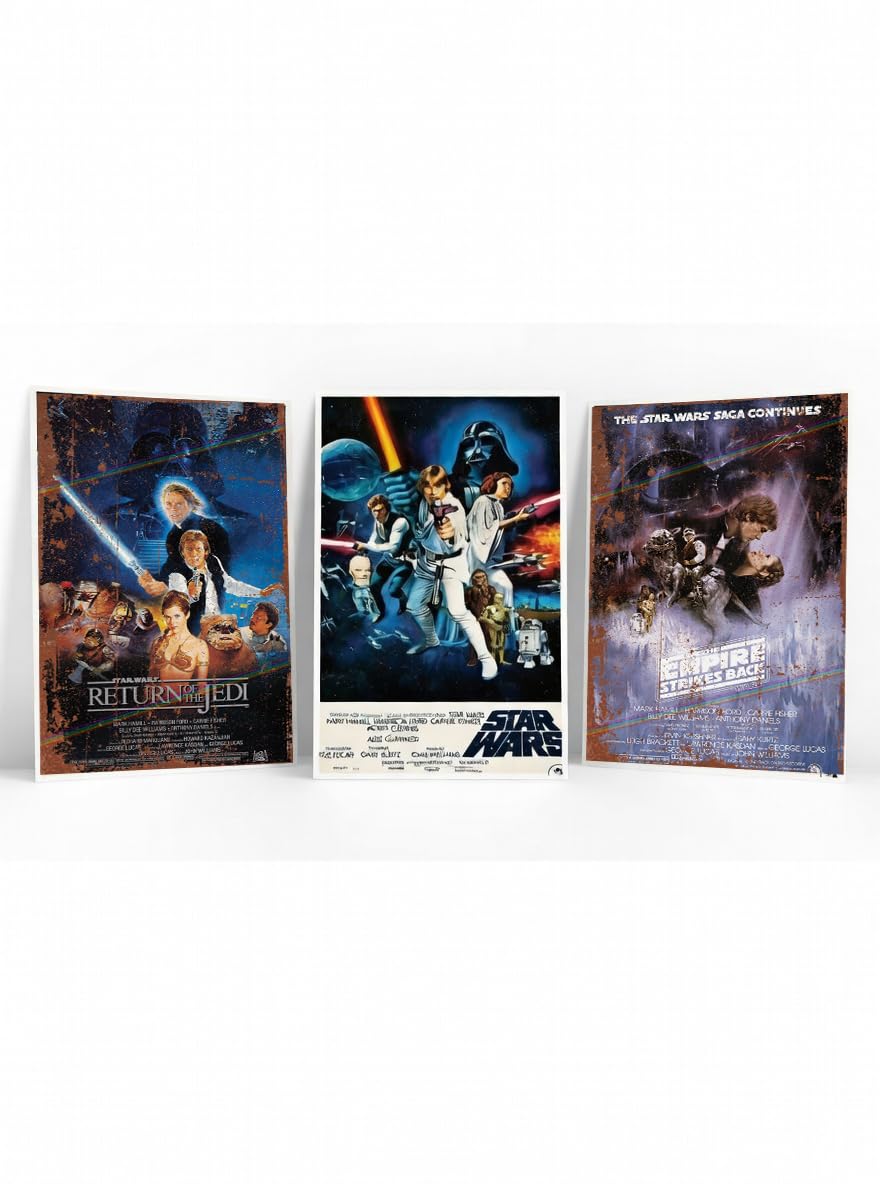 Star Wars Trilogy Retro Metal Poster Signs, 3 Pack Vintage Movie Memorabilia Tin Plaques for Man Cave, Shed, Garage, Kitchen Decor, 20cm x 15cm