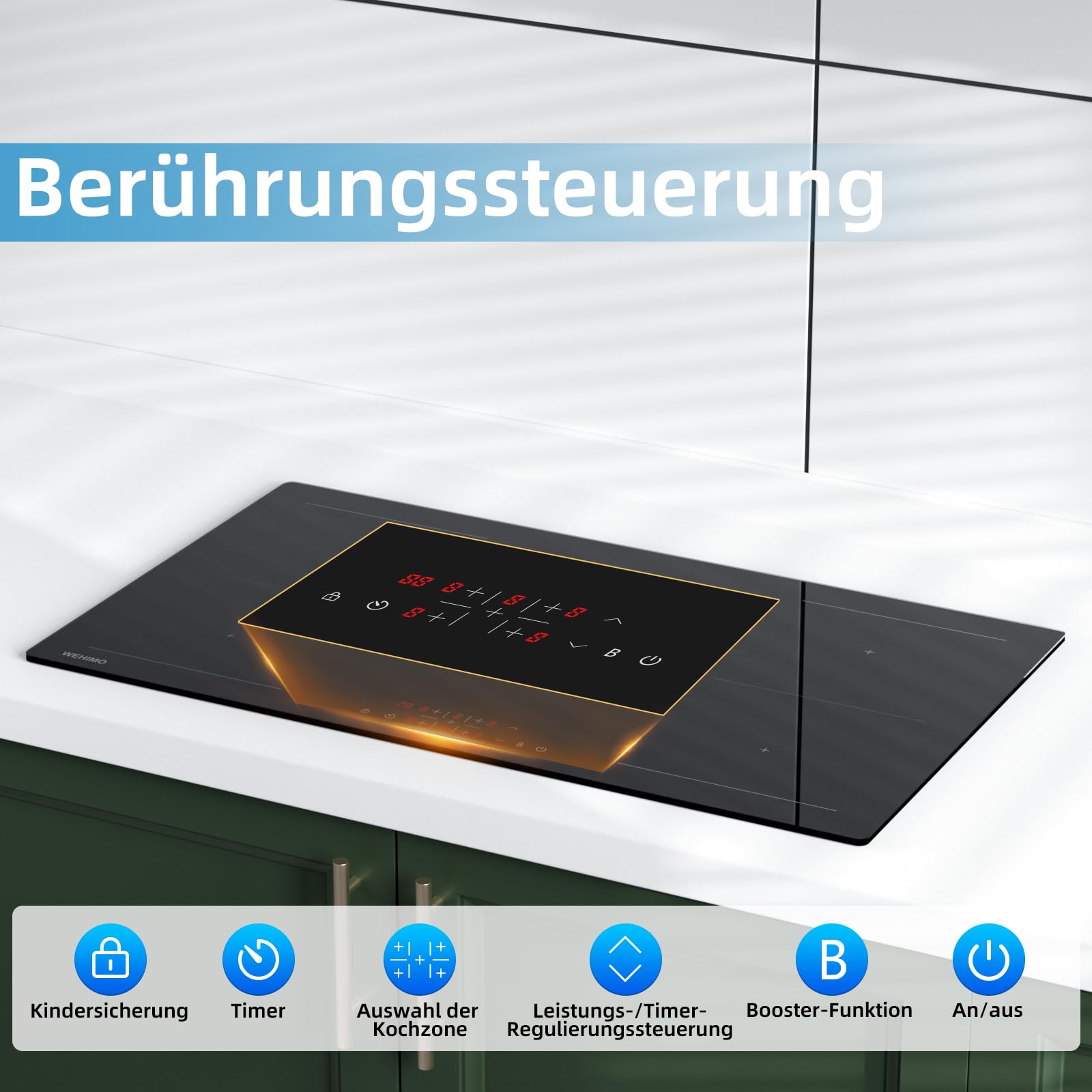 WEHIMO Płyta indukcyjna, płyta indukcyjna, 5 płyt z Power Booster, 5 stref zabudowy, 9 poziomów mocy, płyta indukcyjna 90 cm (8600 W), 220-240 V