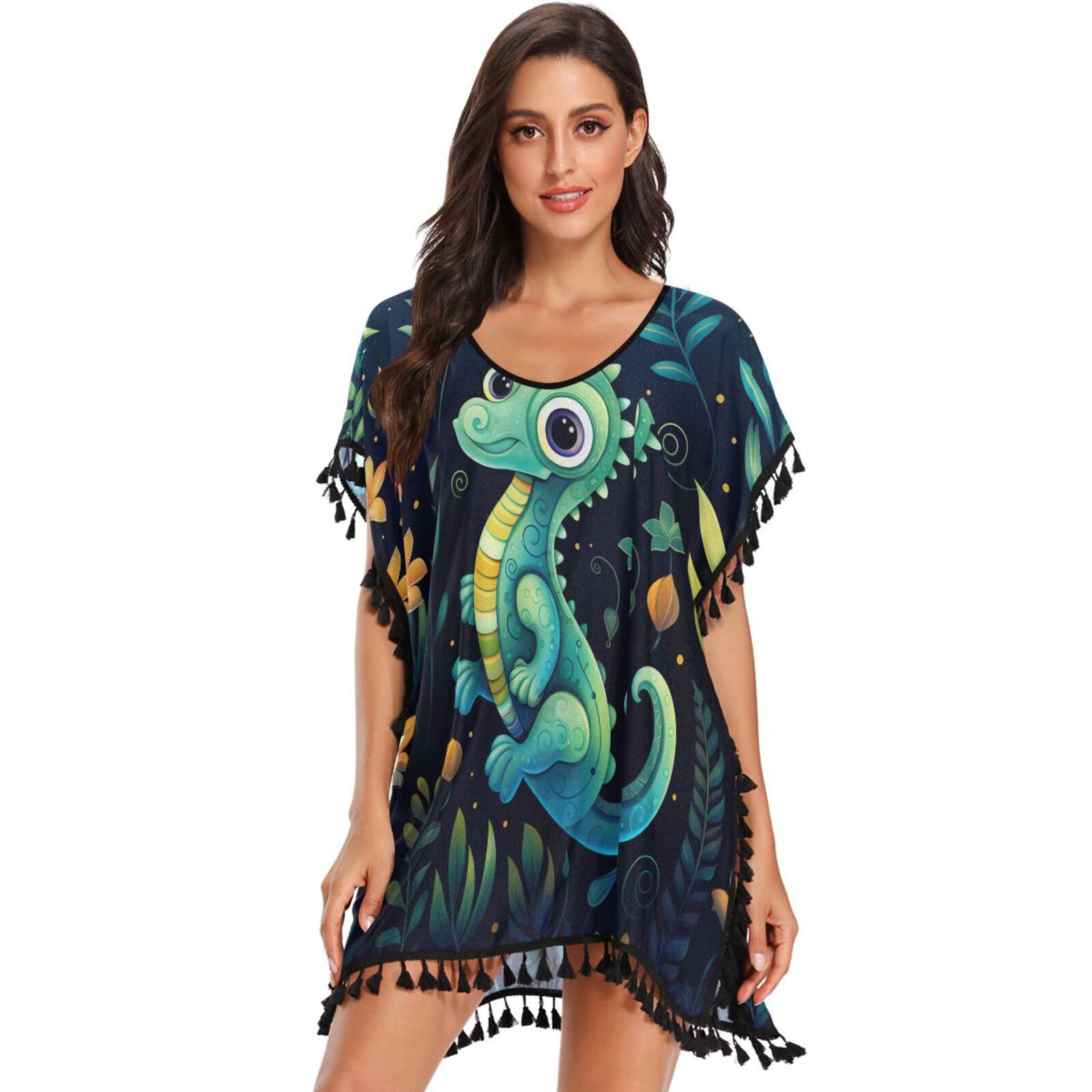 KAAVIYO Cute Green Cartoon Seahorse Women's Beach Cover Up Chiffon Tassel Swimwear Swimsuit Coverups for Girl