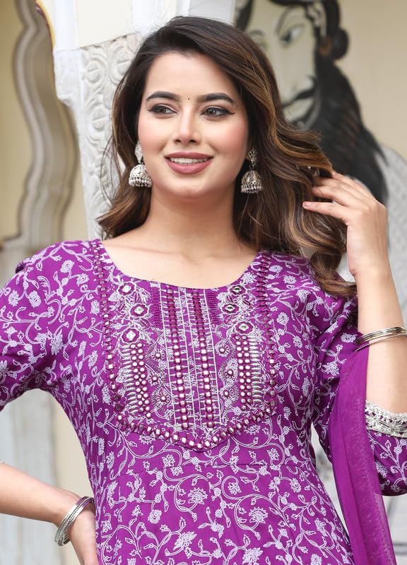 Image of NASRO Women's Viscose Rayon Printed Embroidered Round Neck 3 /4th Sleeves Anarkali Kurta & Pant Suit Set /Salwar Suit Set (Purple)