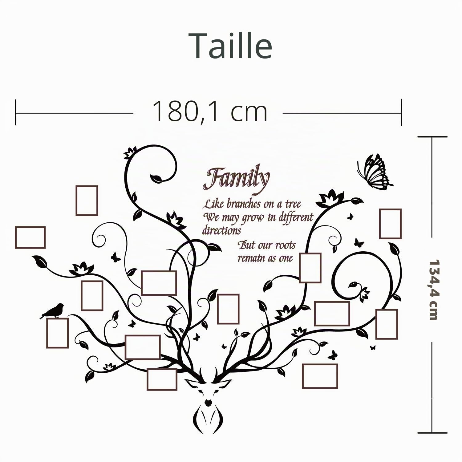DecorSmart Décoration murale 3D en forme d’arbre généalogique, cadre photo amovible avec tête de cerf et citation de famille