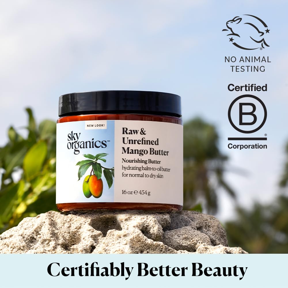 Sky Organics | Masło mango do ciała i twarzy | 100% nieprzetworzone i nierafinowane | Nawilża, równowaga i ujednolicenie cery | 454 g