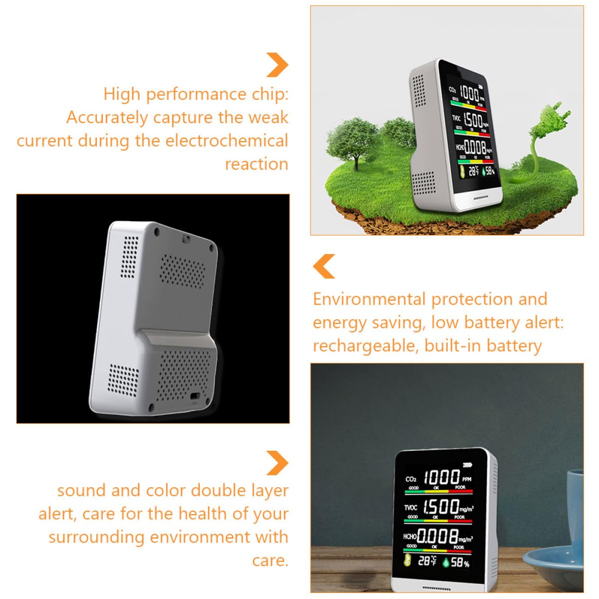 Medidor de Co2 Portátil para Calidad del Aire Sensor Hcho y Capacidad de 1200ma, Monitor de Temperatura y Humedad para Uso en Interiores