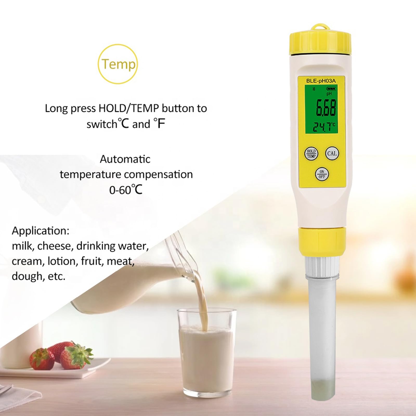 pH-metr do żywności, cyfrowy tester pH żywności, długopis o wysokiej dokładności 0,05 z ATC, do fermentacji, zakwasu, chleba, sera, sushi, ryżu, sosu, mięsa, jogurtu