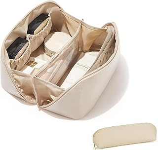 Travel Makeup Bag,Large Cosmetic Bag, travel cosmetic bags for women,Waterproof Portable Pouch Open Flat Toiletry Make up Bag Organizer with Divider and Handle and Extra Pouch (Crème)