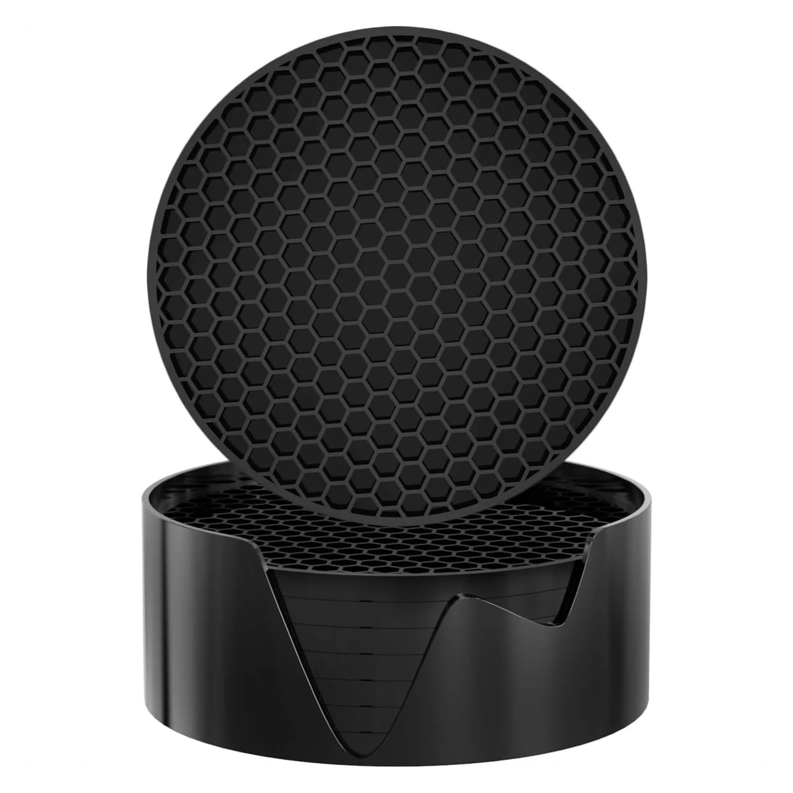 Silicone Coaster 8 Pack Silicone Coasters with Holders, Thickened Non-Slip Drink Coasters for Hot or Cold Drinks, Black