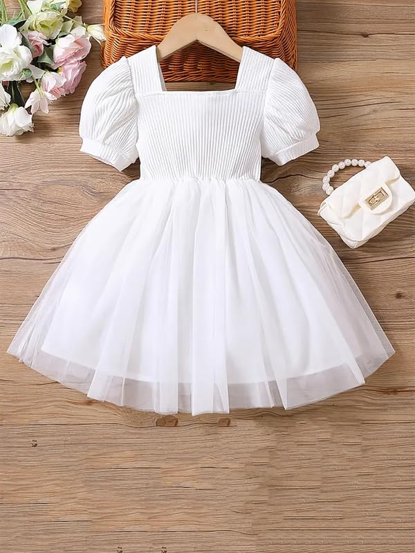 Image of Niren Enterprise Baby Girl Frock - Short Sleeve Embroidered Floral Dress with Belt, Square Neck, 1-Pack
