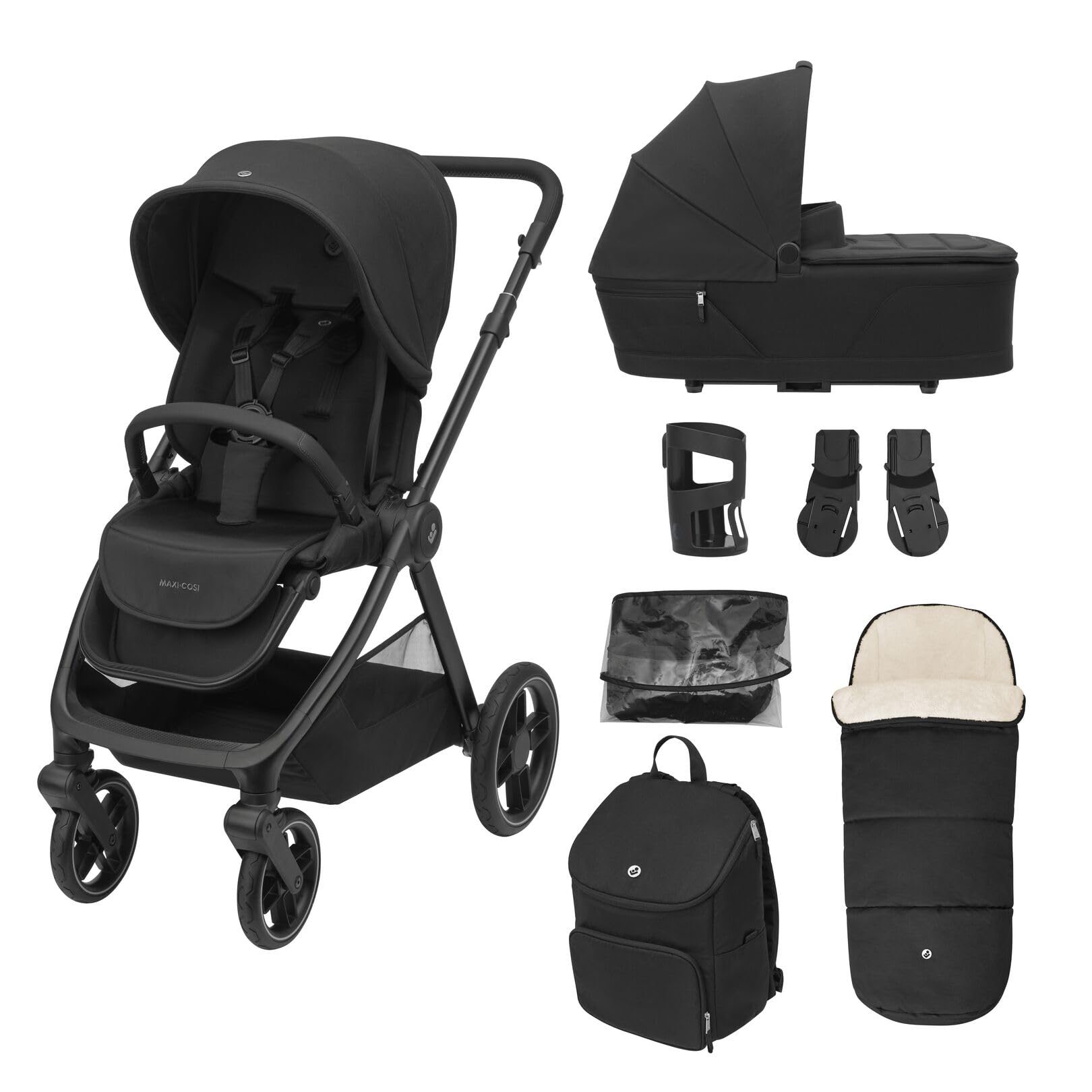Maxi-Cosi Oxford Pram 7-Piece Bundle, 0-4 Years, 0-22 kg, Compact Folding, All-Wheel Suspension, Spacious seat, 3 reclines, with Carrycot, Footmuff, Diaper Bag, Accessories, Twillic Black