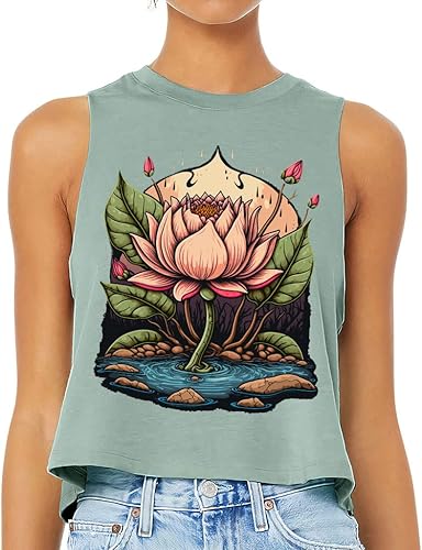 Yoga Lotus Flower Racerback Cropped Tank - Flower Graphic Womens Tank - Cute Design Tank Top