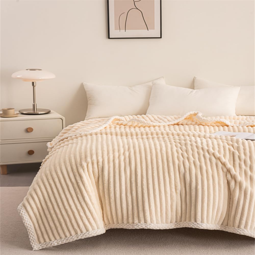 Warme deken van imitatiebont, geribbeld, gestreept ontwerp, dikke fleece, pluizige zachte deken voor bank en bed, woonkamer, bank, fauteuils, eenpersoonsbed (beige, 150 x 200 cm