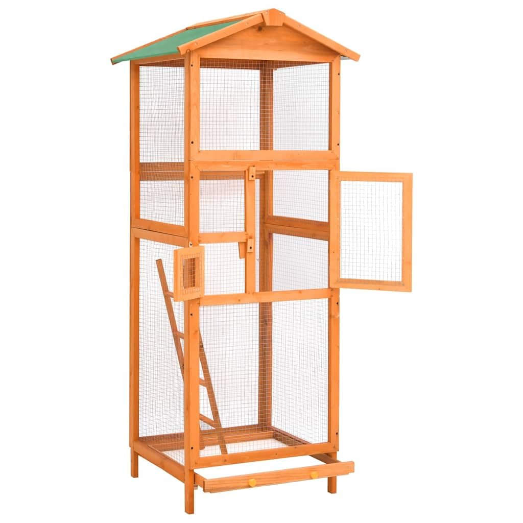Jaula para pájaros 68x62x166 cm de madera de abeto macizo, gran aviario exterior con malla de hierro, techo impermeable, escalera, bandeja deslizante y dos puertas con cerradura