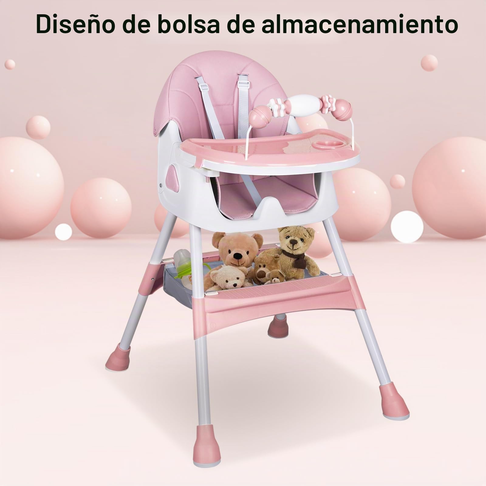 Tronas de Bebé Ajustable Trona Portatil Multifuncional Silla de Comer para Bebé con Plato Desmontable de Cena y Cinturón de Seguridad, 72x60x94CM (rosa)