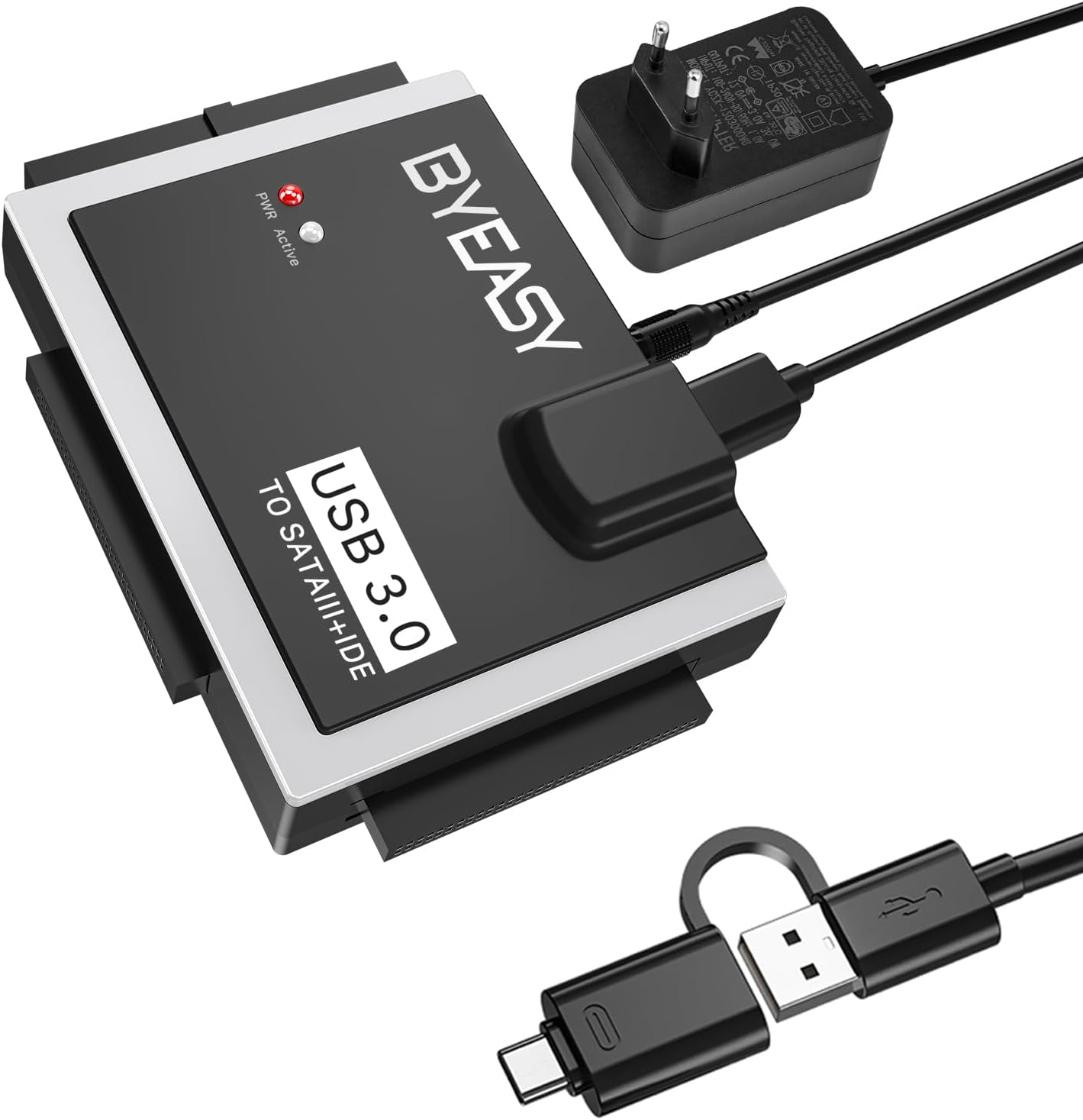 BYEASY SATA/IDE USB 3.0 Adapter, Hard Drive Reader with USB A and USB C for Universal 2.5"/3.5" Inch External HDD/SSD with 12V 2A Adapter, Support 12TB for Windows and Mac OS