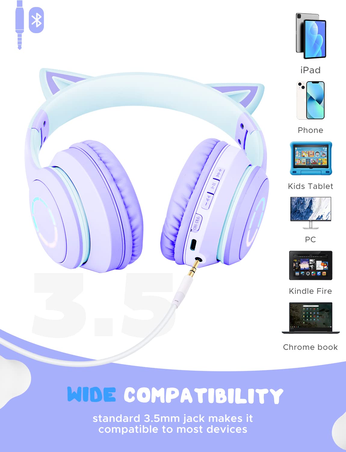 Casque Audio Enfant, Casque sans Fil Bluetooth Réglable avec Oreilles de Chat, Lumière LED et Microphone, Casque sans Fil et Filaire pour Enfants et Fille 2 3 4 5 6 7 8 9 10 Ans