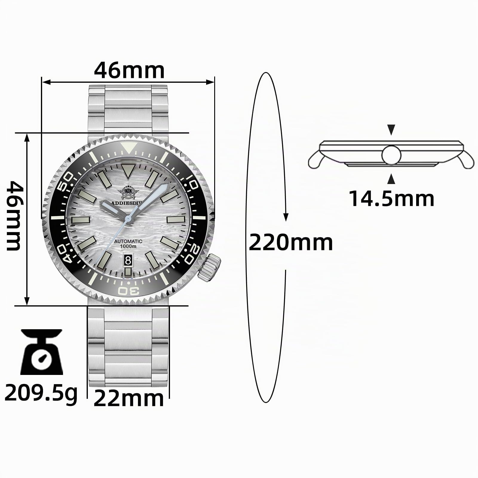 ADDIESDIVE Reloj de buceo automático para hombre impermeable 1000 m reloj con válvula de purga de helio NH35 cristal zafiro BGW9 luminoso