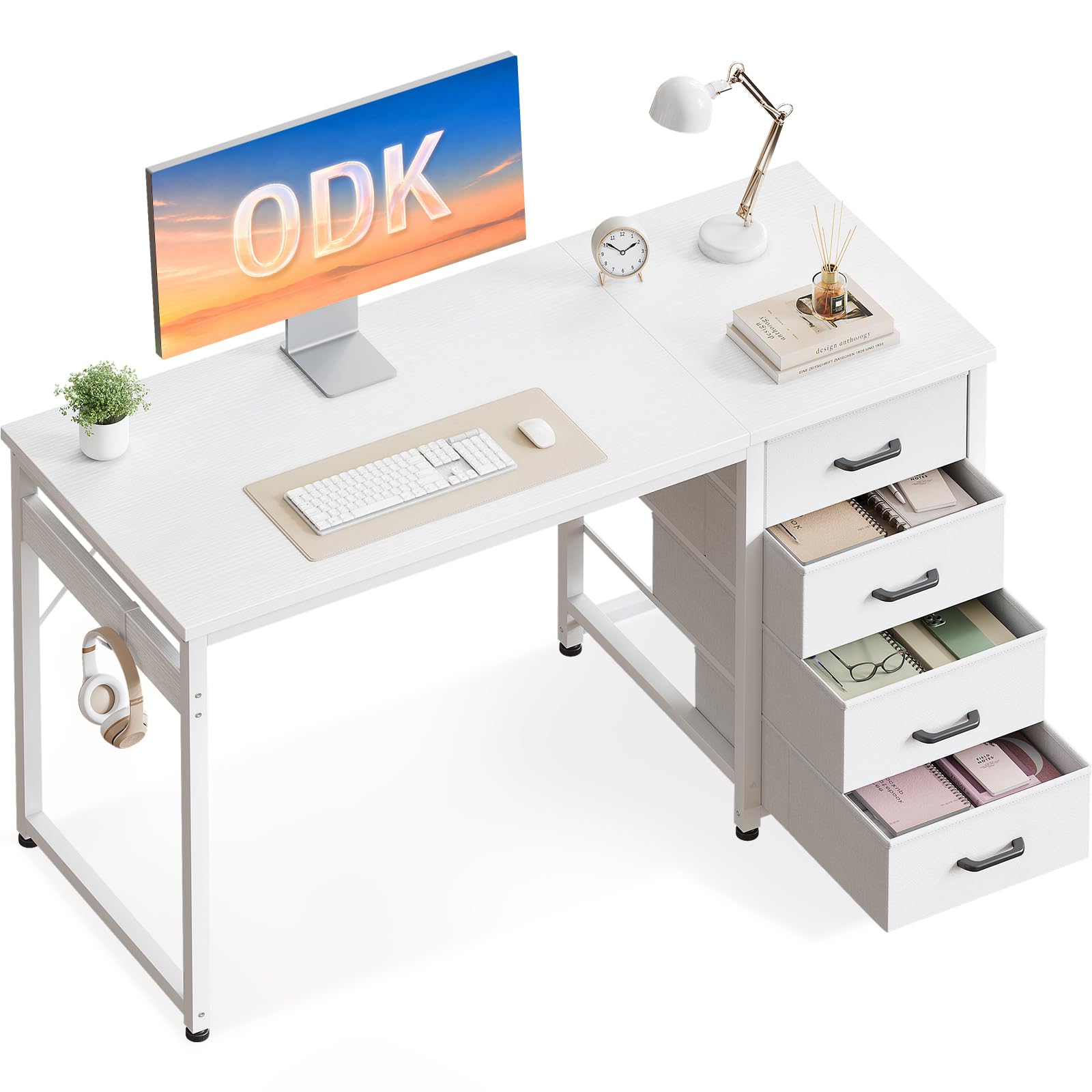 ODK Escritorio Ordenador con 4 Cajones de Tela, 100x48cm, Blanco | 4 Cajones de Tela para Organizar Documentos, Mesa Reversible con Gancho para Auriculares, para Oficina Estudio en Casa