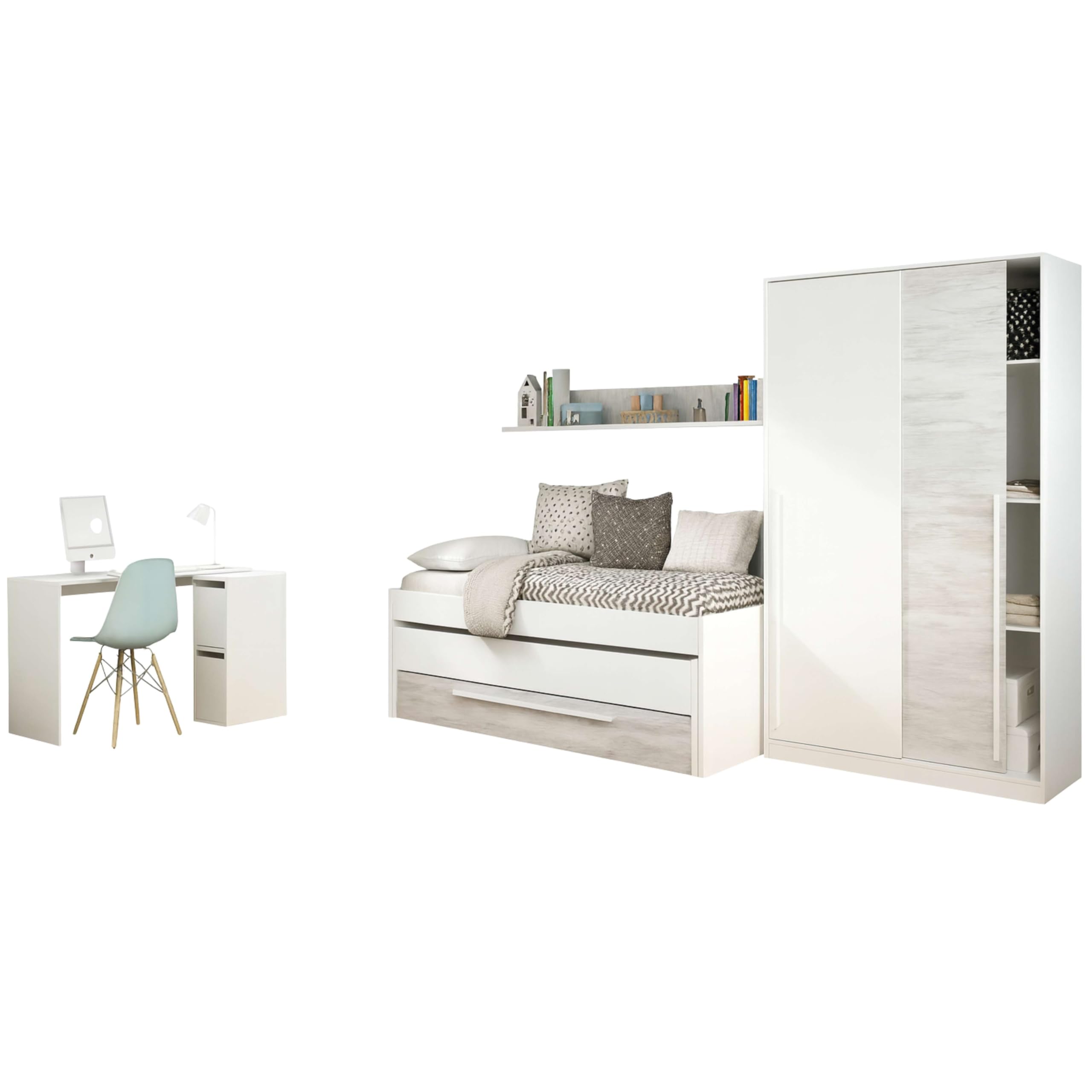 Miroytengo Pack Muebles Dormitorio Juvenil Completo en Color Blanco y Roble Claro Cama + Armario + Escritorio. Incluye Somieres