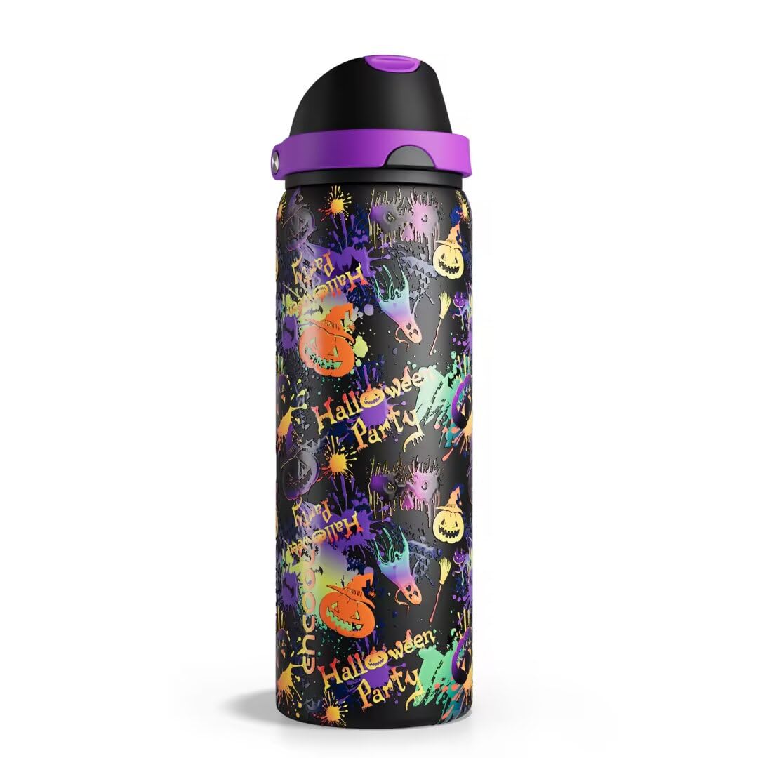 Insulated Water Bottle with Straw - Encool Stainless Steel Water Bottle with Push Button Lid, Leak-Proof &amp; BPA-Free, Keeps Cold for 24 Hours for Sports, Travel, Gym (32 oz, Ghost Party)