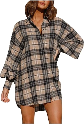 Camisa de gran tamaño a cuadros con botones para mujer, para otoño, holgada, de manga larga, con cuello alto, elegante, cómoda, ropa