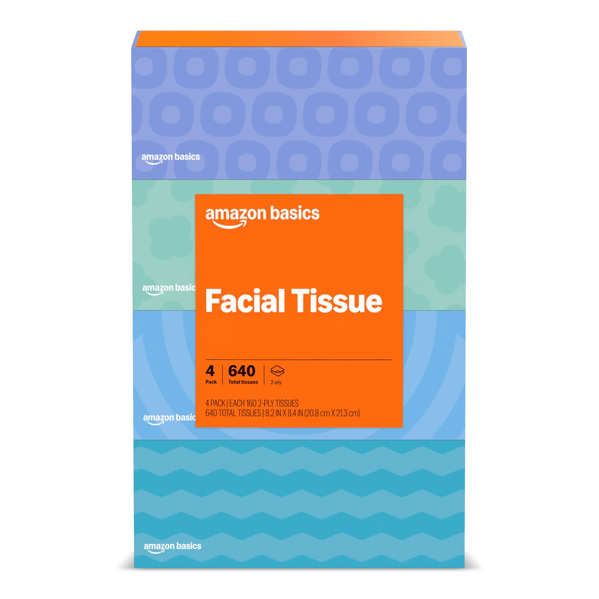 Amazon Basics Facial Tissue, 2-Ply, 640 Count (4 Packs of 160), (Packaging may vary)