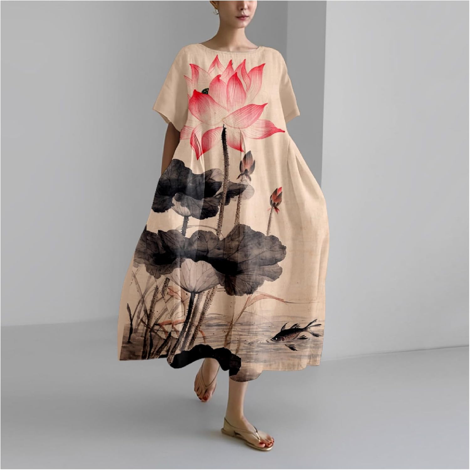 Maxi Dresses for Women 2024 Japanese Art Floral Print Crew Neck Short Sleeve Casual Boho Oversized Dress - Image 2