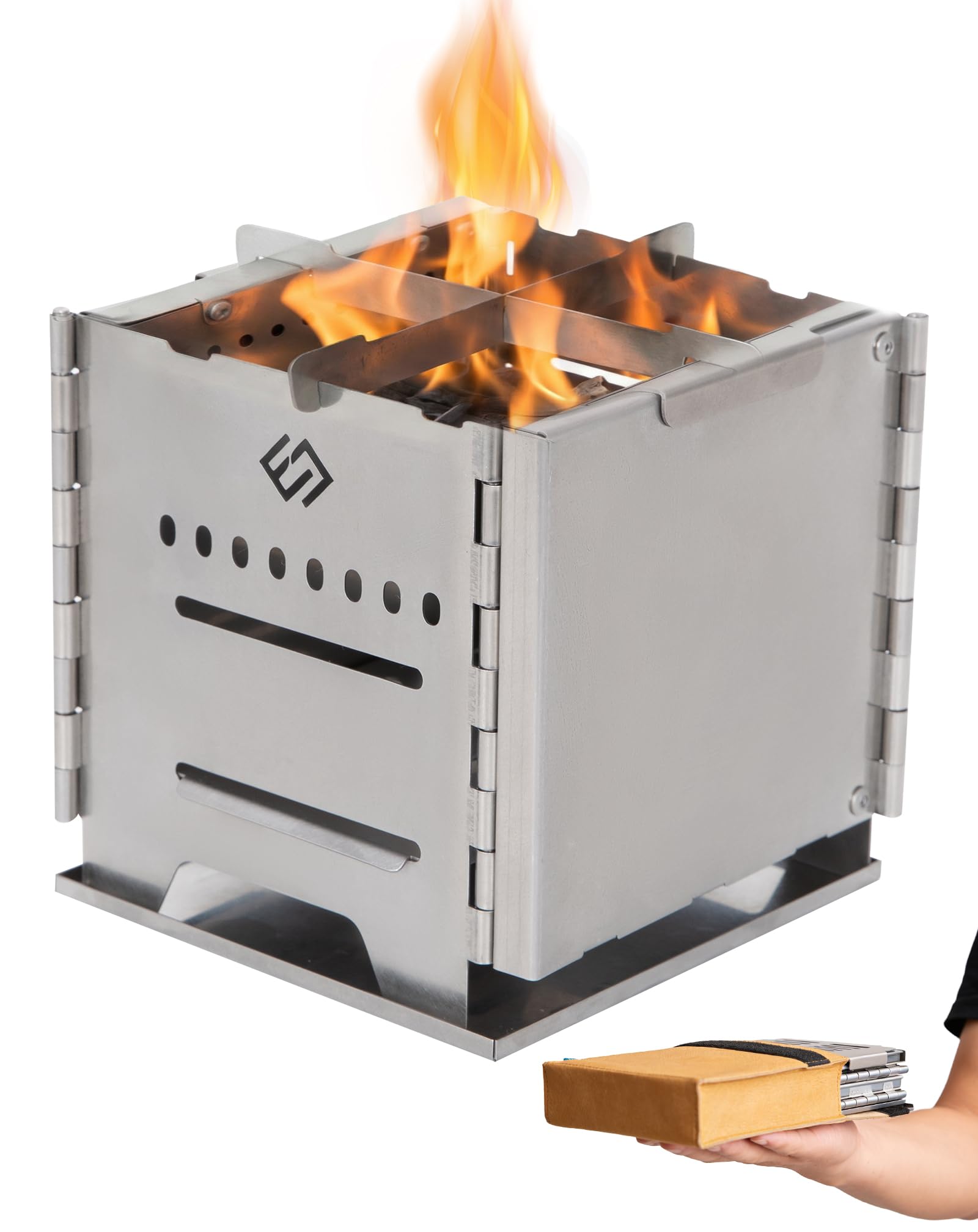 COOK'N'Escape Stufa a Legna Campeggio Portatile Rocket Doppia Combustione M | Fornello Hobo in Acciaio Inox Pieghevole con Piastra Grill Titanio, Multicombustibile per Camping, Grill e Trekking