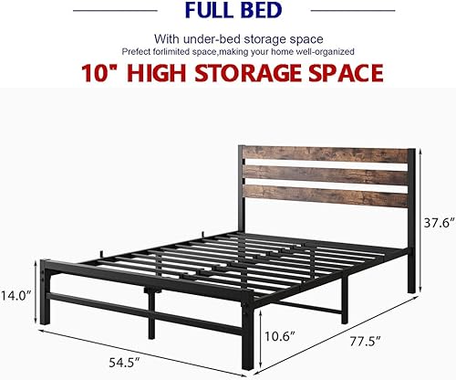 Miniatura 29 de Cama de plataforma de metal de tamaño individual con cabecera de madera, no necesita somier, fácil montaje, grano de madera negro Grano de madera