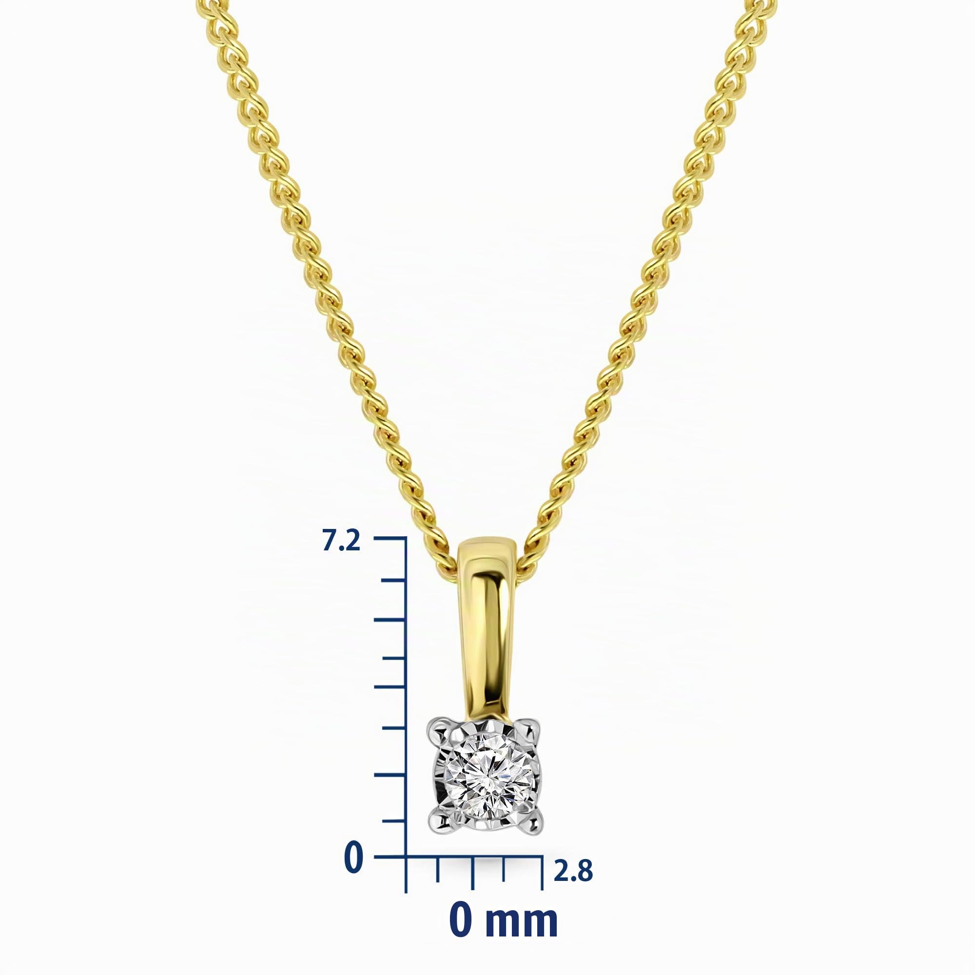 MIORE Collier Femmes Or et Diamant, Chaîne Gourmette 45cm avec Pendentif Diamant Solitaire 0.03 Ct, Collier Or Blanc/Or Jaune 9 Carat 375, Bijoux Femme Fait Main, Hypoallergénique