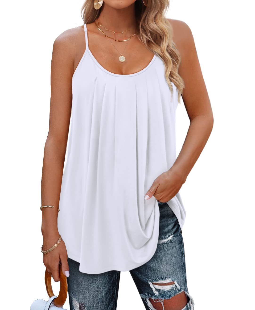 BUNSLOOM Tank Top Damen U-Ausschnitt Plissierte Spaghetti Tops Elegant 2026 Ãrmellose Tunika Sommer Sexy Lange Oberteile