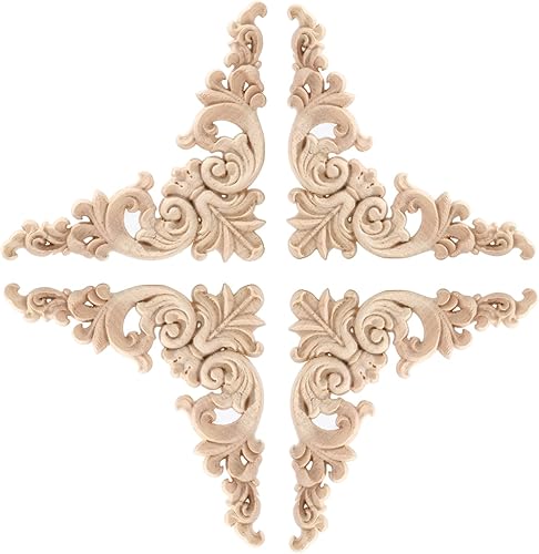4 calcomanías de madera de esquina para tallar, apliques de madera sin pintar, apliques de madera tallada para pared, cama, puerta, armario,