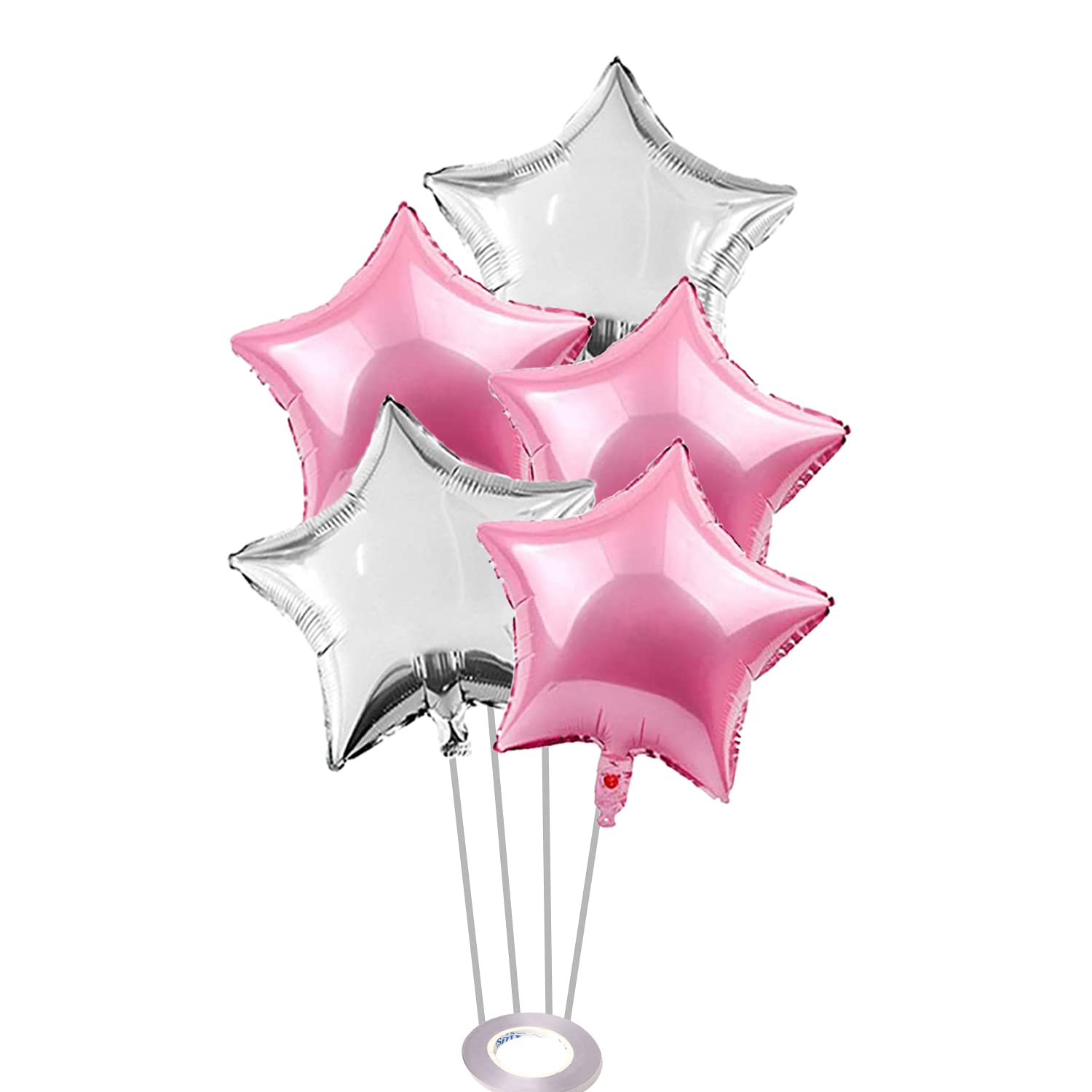 AMFIN® (Pack of 5) 18 Inch Pink Silver Star Shaped Foil Balloon with Ribbon/Star Shape Balloons for Decoration/Birthday Balloons for Decoration - Pink & Silver