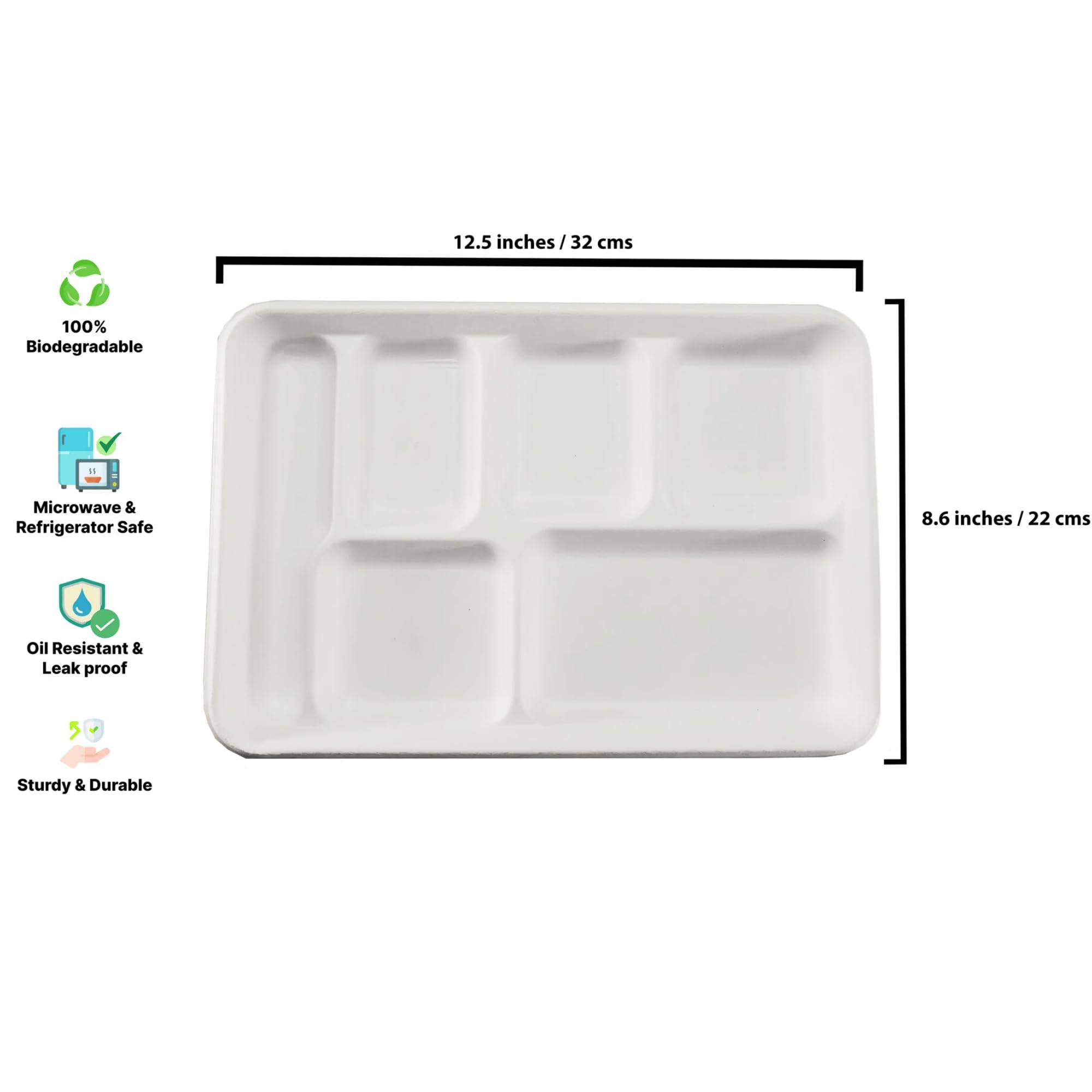 HARSHU - Platos de caña de azúcar de 6 compartimentos, paquete de 25, platos desechables ecológicos, vajilla biodegradable y compostable para fiestas, eventos y catering