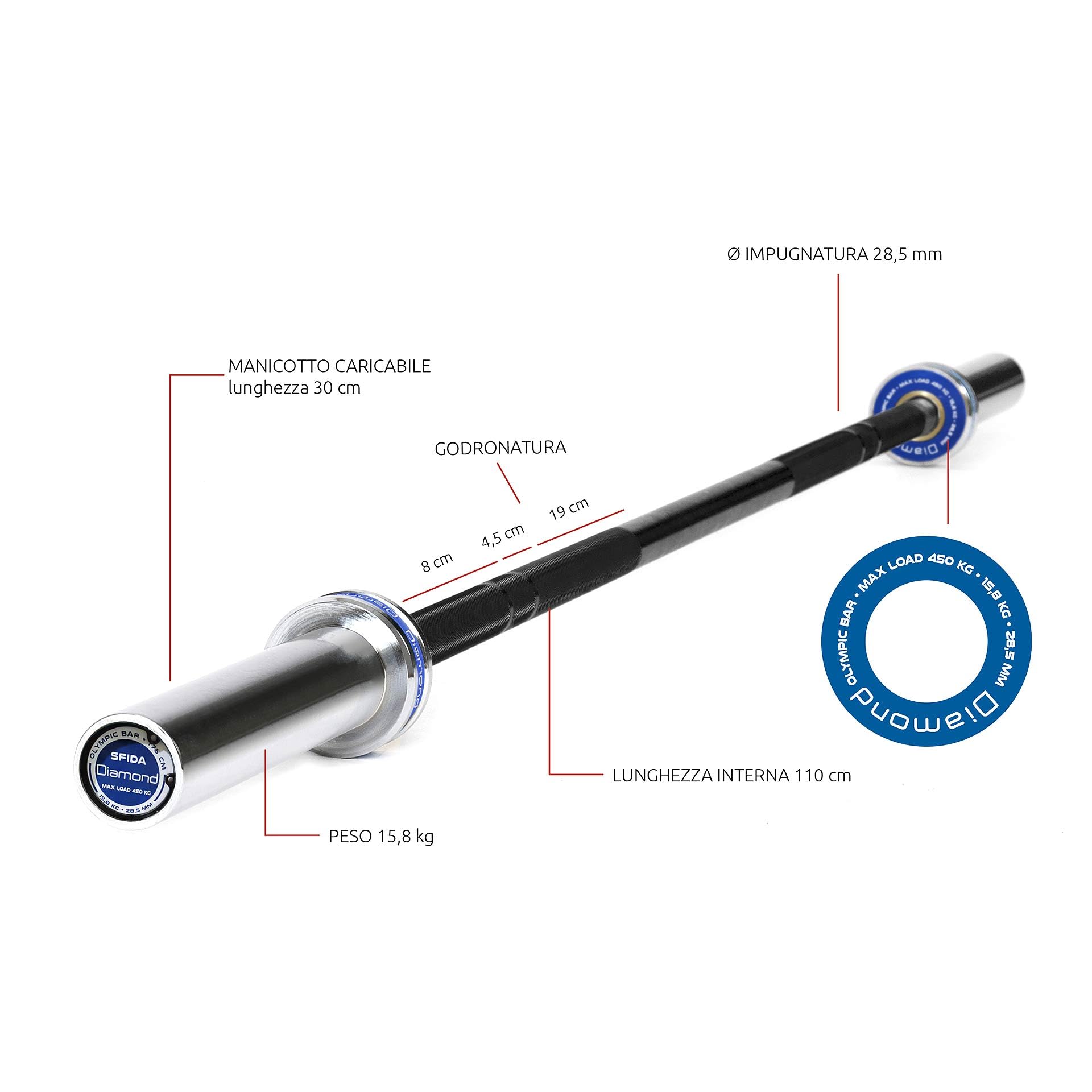 Diamond【Bilanciere Olimpico Sfida 176 cm Brunito】Per Dischi Foro 50 mm, 15,8 kg, Carico 450 kg, 4 Cuscinetti, Hard Chromed, Zigrinatura Antiscivolo, Cross Training e Powerlifting, Home Gym