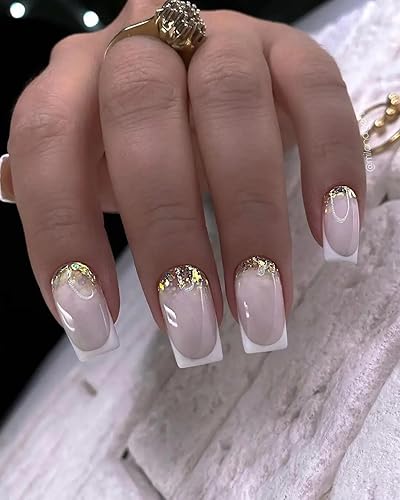 Miniatura 4 de Box French Nails with giliter Stone French Tip Press-On nails - 24 Pcs with White Rhinestones for Exquisite Summer Beach and Daily Wear Full Cover