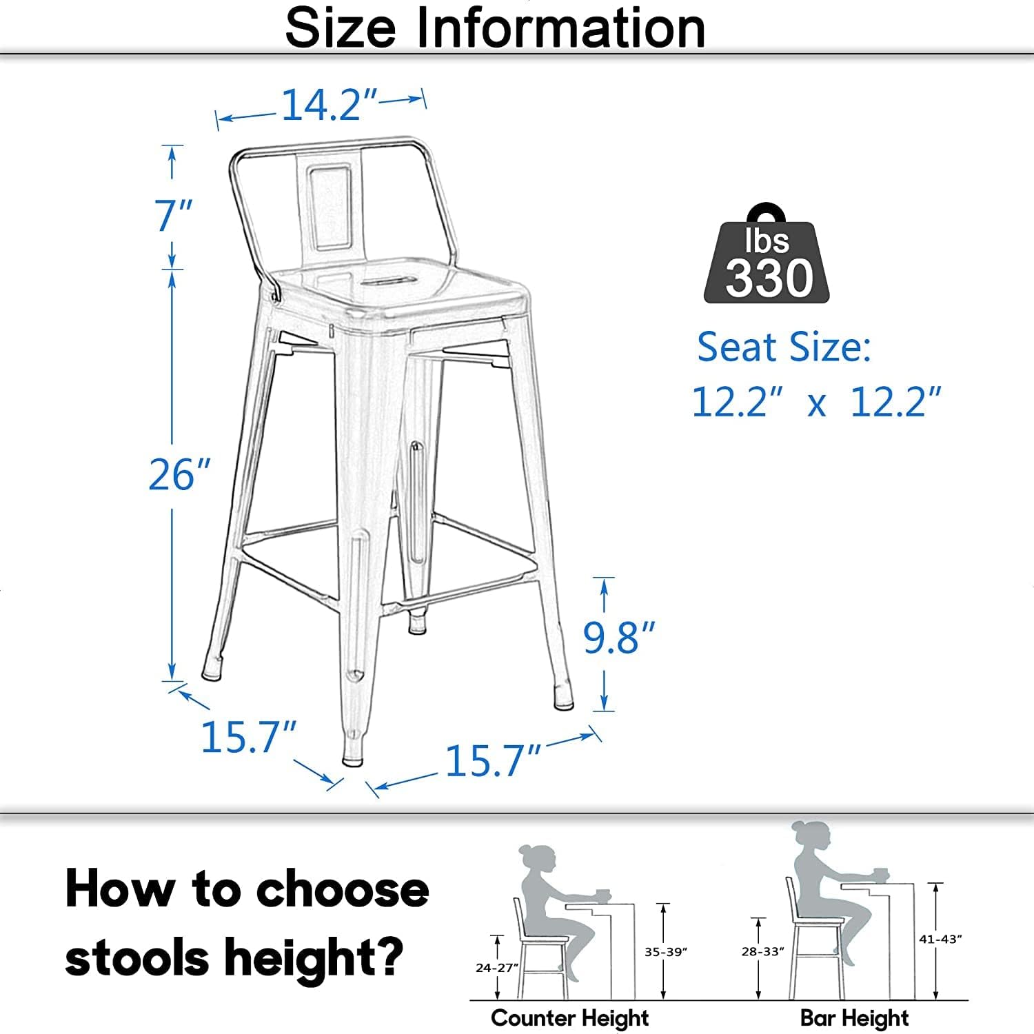 Aklaus 26" Metal Bar Stools with Backs Heavy Duty Bar Stools Counter Bar Height Stools Bar Chair Set of 4,26 Inches Outdoor Tall barStools for Kitchen Counter Matte Black