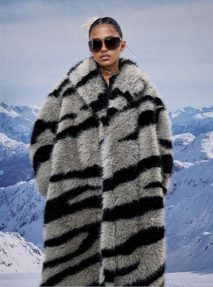 Shaggy Faux Fur Collar Long Sleeve Long Length Gray Jacket Women's Fashion Coat