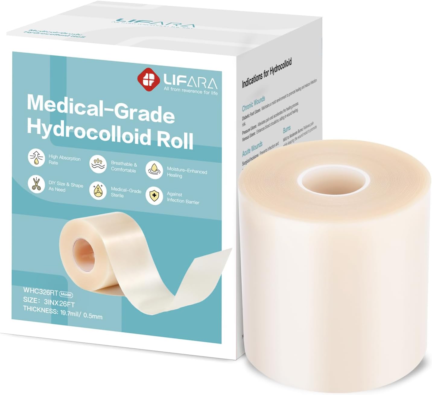 LIFARA Hydrocolloid Roll for Wound Care - Cut-to-Size, Hydrocolloid Patch Bandages with Self-Adhesive, Ultra Absorbent & Waterproof, First Aid Kit Essential (19.7mil/ 0.5mm Thickness, 3in*26ft)
