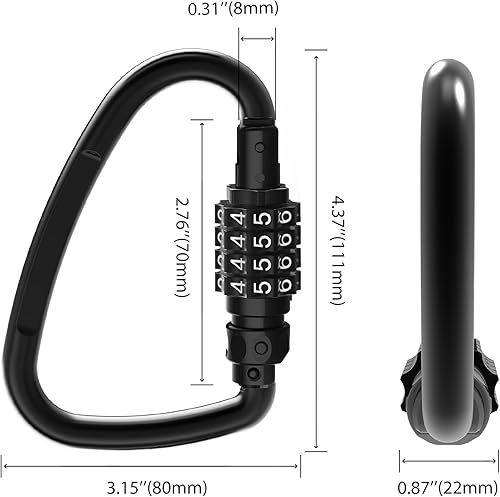 Miniatura 4 de UP Security Clips de bloqueo de mosquetón con cerradura de combinación, anillo D de 4 dígitos resistente, mosquetones de metal grandes, gancho