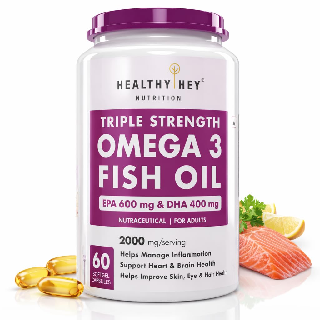 HealthyHey Nutrition Fish Oil Capsules Omega 3 60 Softgel For Women and Men | Triple Strength Fish Oil | Burpless, EPA 600 - DHA 400 Supplement