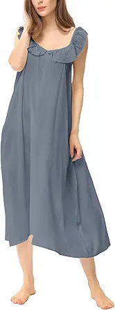 Zexxxy Women's Cotton Nightgowns Victorian Sleeveless Long Sleeping Dress Cute Ruffle Spaghetti Straps Maxi Night Gown S-XXL
