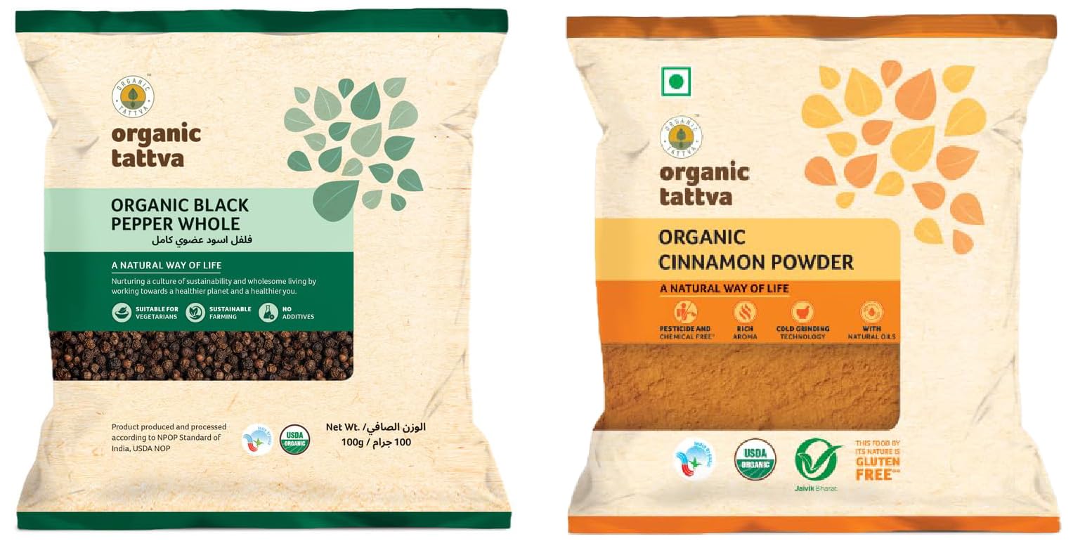 Organic Tattva, Organic Gluten Free Black Pepper/Kali Mirch - 100G | Naturally Processed, from Farm Picked Fresh Natural Seeds, No Artificial Additives & Organic Tattva Cinnamon Powder, 100g (B0CM6FXD8V) Amazon Price History, Amazon Price Tracker