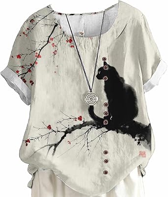 Cat Blouse Japanese Art Floral Cute Tops for Women Linen Graphic Loose Boho Top Dressy Casual Professional Tee Short Sleeve Crew Neck Breathable T Shirts,Beige cat,S