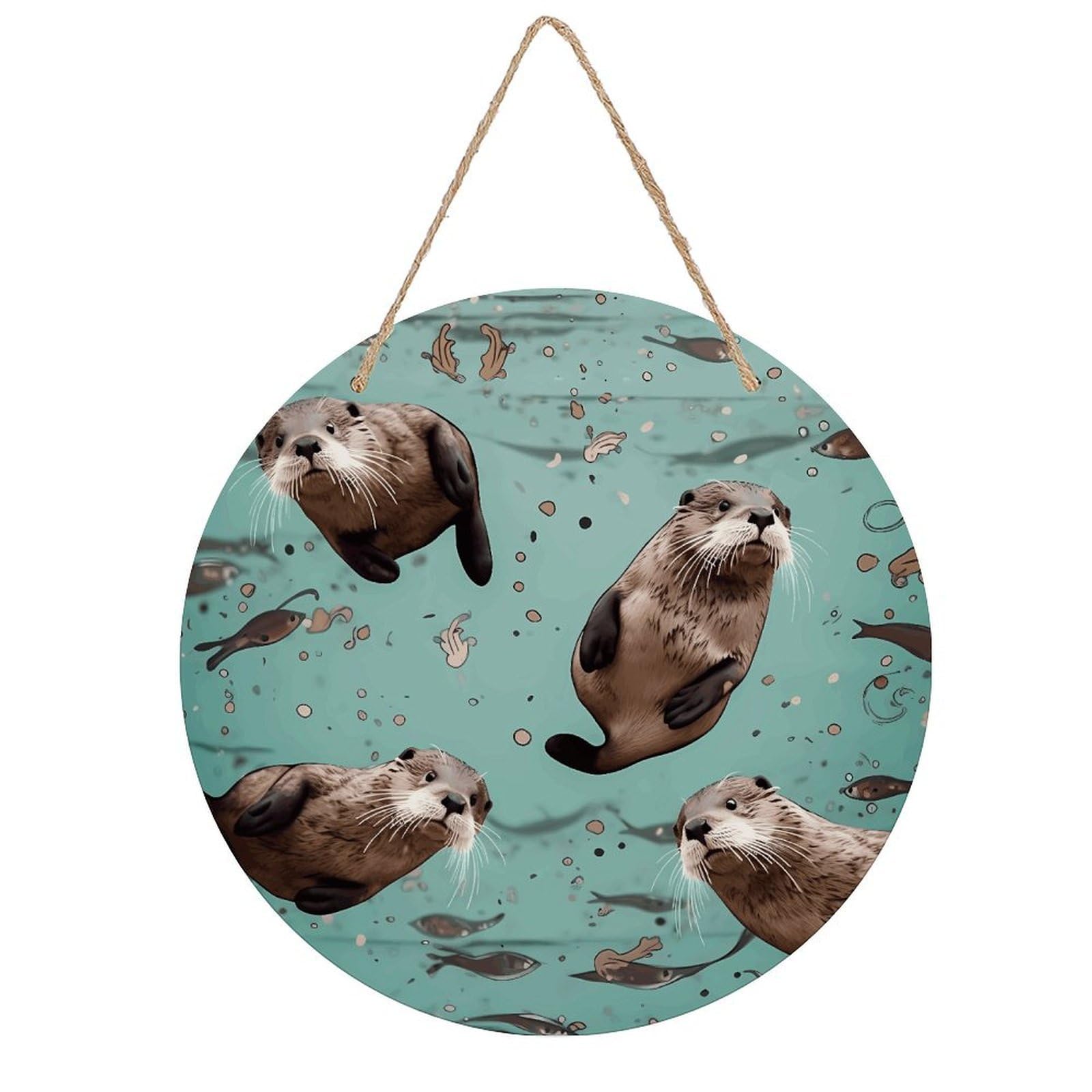 FekiLoot Otters Wall Art Decor Round Wood Hanging Sign Decoration Wooden Circle Door Sign Round Hanging Decorative Wood Plaque Door Hanger for Home Outdoor Indoor Decoration