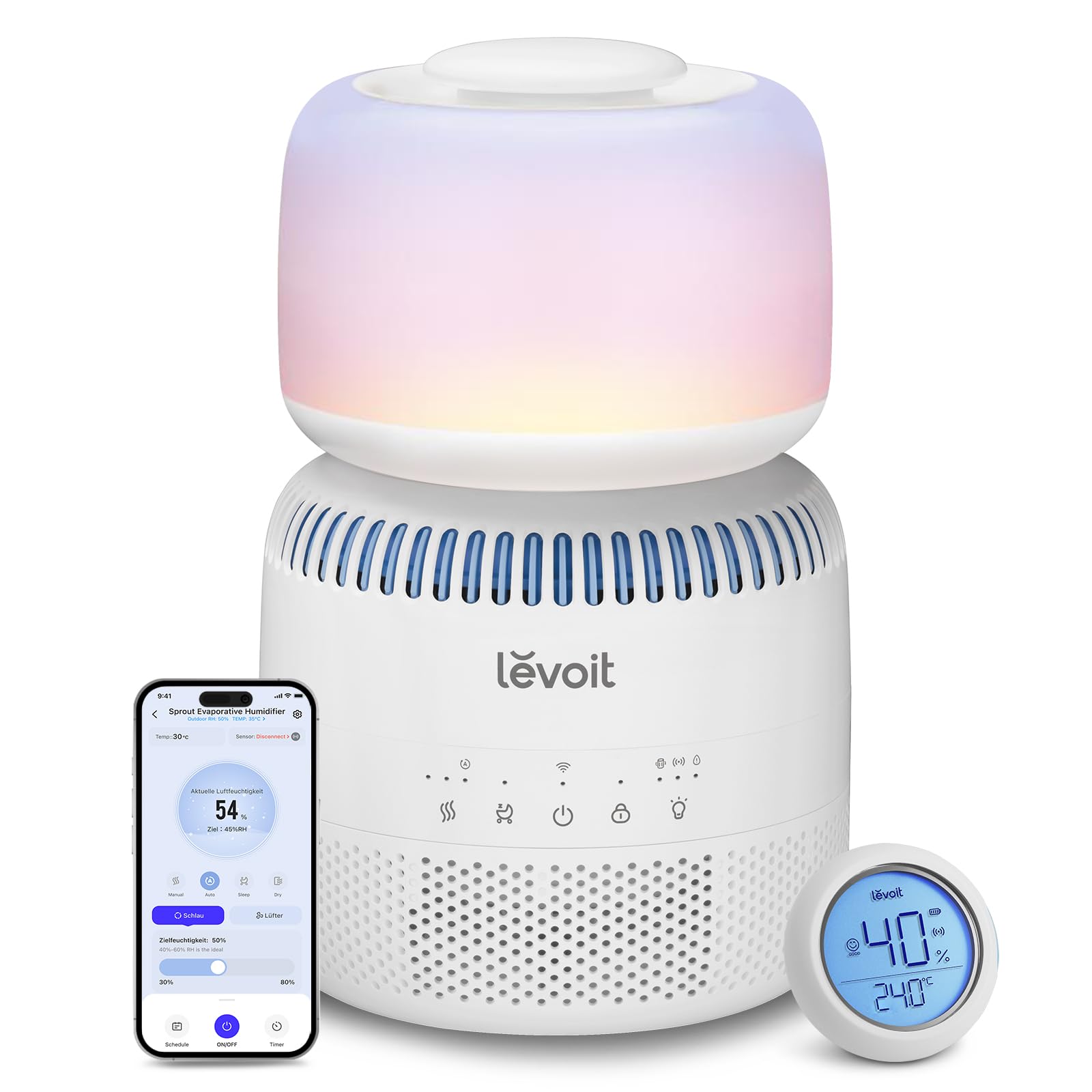 Levoit Top-Fill Luftbefeuchter, Smart Verdunstungsluftbefeuchter für Baby, separater Sensor, Humidifier mit Blaulichtfreiem Nachtlicht für Schlafzimmer, Kinderzimmer Auto Shut-off, 3,8 L, Mattweiß